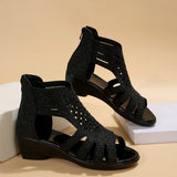 Zingj 2023 Summer New Large-Size Slope Heel Diamond Roman Sandals Women's Zipper Leisure
