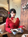 Red 3D Flower Off-Shoulder Long Sleeve Top-Outfit