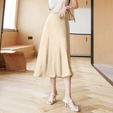 Women Summer Midi High Waist Satin Skirt Elegant A-Line Solid Office Ladies