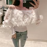 Off Shoulder womens tops and blouses Mesh Sheer Puff Sleeve Tops Summer 3D Flower Vintage White Women Shirt