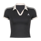 Zingj Style Cool Girl Letter Print Color Short Sleeved T Shirt POLO Collar Slim Base Versatile
