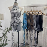 Irregular Hanging Neck Dyeing Net Yarn Vest Lotus Side Ribbon Short Sleeveless Top