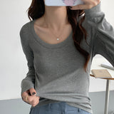 Threaded U-Collar Long-Sleeved Bottomed Shirt In Early Autumn New Plain Color Simple And Slim