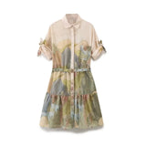 Summer Women's Wear New Lapel Color Printing With Belt Short Dress