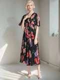 V-Necked Print Chiffon Dress Shows Lean Lotus Leaf Edge Short-Sleeved Waist First Love Fairy