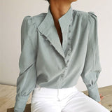Turtleneck Blouse Long Sleeve White Shirt Office Ladies Top Casual Solid Single-Breasted Puff Sleeve Womens