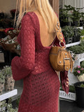 Crochet Hollow Backless Long Sleeve Cover Up Maxi Dress- Outfit