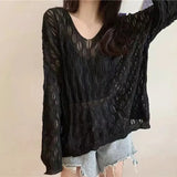 Zingj Spring And Summer New Korean Version Loose Hollowed-Out Sweater Pullover V-Collar Long-Sleeved Blouse Popular Style For