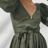 Fashion Cotton Linen Summer Women Dress Yellow Casual Puff Sleeve V-Neck Bandage Holiday Beach Party