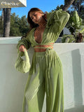 Sexy Green Pants Set Women Casual Loose Bandage Blouses Shirt Matching Wide Leg Trousers Suit Elegant 2 Piece Pant