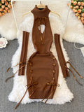 Women Sexy Sweater Dress Open Chest Backless Ribbon Strap Tops Turtleneck Long Sleeve Lacing Up Bodycon Knit Bandage