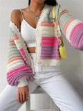 R-Shirt 2025 Autumn And Winter Sweater Coat Women's Rainbow Striped Lantern
