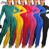 Sleeve Bodysuit and Pants Fringe Tassel Trousers Two Piece Set Tracksuit Fall Women Clothing Sexy Skinny