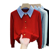 Gray False Two Knit Cardigan Outside Build Female Autumn New Style Design Feeling Bump Color Sweater Coat Loose Jacket Tide-Outfit