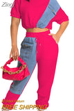Workout Jean Patchwork Women Two 2 Piece Set Outfits Sweatsuit 2023 Summer Tee and Jogger Pants Matching Set