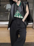 Black Leather Vest Women Chic Irregular Design Biker Leather Vest Fashion Trend Loose Thin Pockets Sleeveless