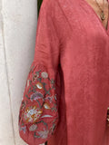 Flower Embroidery V-neck Loose Maxi Dress Women Casual Loose Long Lantern Sleeve Split Robes Summer Lady Holiday