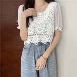 Women Office Lady Sweet Hollow Out Casual O-neck Puff Sleeve Trendy All-match Ins Popular Tops Tee Korean Style