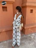 Print Hollow Lace Up Pant Sets Elegant Woman Sleeveless V-neck Drawstring Ruffles Shirt Suits Summer Lady Street