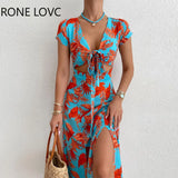 Women Elegant All Over Print Short Sleeves Lace Up Midriff Maxi Silt Sexy Vacation