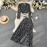 Zingj And Autumn Holiday Style Vintage Flower Suit Women's Long-Sleeved French Thin V-Neck Blouse + Forked Skirt Two