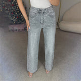 Industry Full Of Diamond Water Wash Jeans Women Senior Sense Low-Rise Straight Trousers Personality Hottie High Street