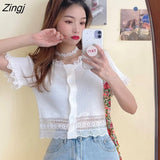 Sleeve T-shirts Women Lace Patchwork Crop Top Ins Chic Sweet Student Ruffled Single Breasted Tees Korean Slim Knitwear