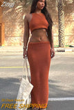 Women Knitted Two Piece Set Crochet Hollow Out Backless Tie Up Bandage Crop Top Vest Wrap Bodycon Long Skirts