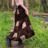 Zingj Rural Girl Velvet Print Patch Patchwork Skirt Low Waist Retro A-Line Long Slim