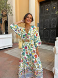 Printed Knot Cut Out Vacation Long Dress Women Long Sleeves V-neck A-line Dresses 2024 Casual Female Summer Street