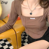 Sleeve T-shirts Women New Arrive Design Cropped Autumn Sexy Square Collar Solid Simple Inside All Match Ulzzang Daily