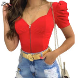 Women Short Puff Sleeve Tops Fashion Summer V Neck Solid Color Zip Up Slim Fit T-Shirts Basic Tops