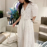 Zingj Chic Niche Temperament V Neck Hollow Lace Embroidered Jacket Women High Waist Pressure Pleated Skirt Two Sets Of