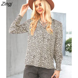 Print Tie Front Blouse Top For Women V-neck Long Sleeve Ruffled Shirts Tops 2023 Spring Autumn Pullovers
