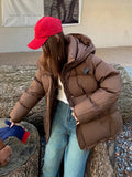Hooded Logo Down Jacket Female Short 2024 Winter Fashion Ribbon Warm White Duck Velvet Knitted Sleeve Bread Clothes-Outfit