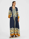 Women Vintage Print Spliced Lace Up Maxi Dress with ribbon Casual Loose V Neck Flare Sleeves Dresses Summer Lady Elegant