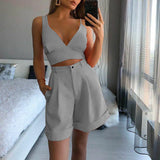 sleeveless short set Women Sexy backless Strap 2Pieces Set deep V neck Crop Top+High Waist Button Shorts Female solid