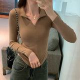 Color Slim Stretch Long-Sleeved T-Shirt A New Autumn Tight Blouse With A Thin Lapel And Bottomed