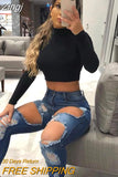Turtleneck Long SLeeve White Sexy Crop Tops Casual Fashion T Shirts Black Women Autumn Winter Tees Brown