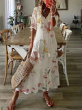Solid Ruffles Pleated Long Party Dress Women Short Sleeve Loose Casual Dress2025 Autumn V Neck Tassel Hollow Out Dresses 211-1-Outfit