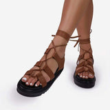 Women's Shoes 2023 New Summer Tie Flat Net Red Tide Pure Color Muffin Thick Soles Large Roman