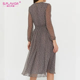 Elegant Dot Print Long Sleeve Polka Dress O Neck Chiffon A Line Women Casual Dress Vintage Midi Vestidos