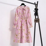 Summer Dress Women Lady Korean Style Vintage Floral Printed Cotton-Chiffon Shirt Dress Long Sleeve Bow Midi Dress