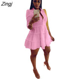 Women Casual Lapel Collar Mini Dress Casual Solid Pleated Puff Sleeve Button Up Ruffled Hem Shirt Dresses Bohemian