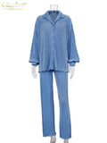 Causal Loose Home Suit Autumn Long Sleeve Blouse With High Wasit Pants Set Women Elegant Pleated Beige 2 Piece Pant