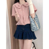 Japanese Harajuku Fashion Bow Tie White Doll Neck Short Sleeved Shirt Blouses Summer 2024 Woman Elegant Chic Kawaii