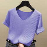 Zingj Summer Thin New Ice Silk Sweater Loose V-Collar Bottomed Black T-Shirt Short-Sleeved Women's Solid Color Ins