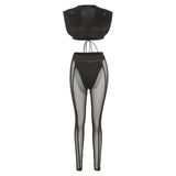 Sexy Mesh Two Piece Set Women Unique Design Oversize Sheath Cleavage Sleeveless Top+SeeThrough Stretchy Hot Female