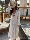 Women Sexy Floral Print See Through Solid Sunscreen Dress Chic V Neck Flare Sleeved Long Robes Summer Lady Beach Bikini