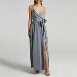 2022 Summer Women Satin Long Dress Spaghetti Strap Sexy Backless Slit Party Maxi Silk Slip